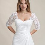Satin wedding dress with elbow-length sleeves