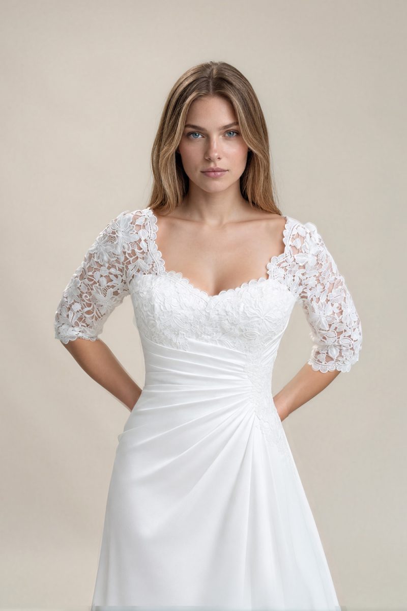 Satin wedding dress with elbow-length sleeves