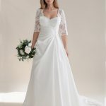 A-line satin wedding dress with gathered waist and sleeves