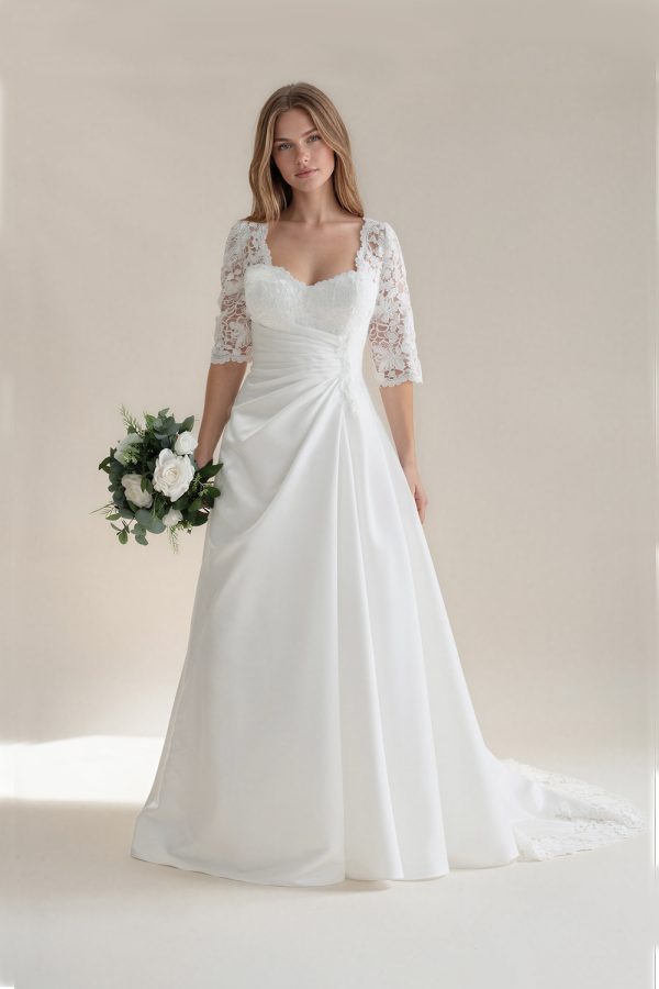 A-line satin wedding dress with gathered waist and sleeves