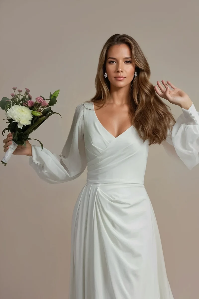 Close-up of Valentina ruched bodice and sheer bishop sleeves