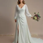 Valentina ivory crepe wedding dress with long chiffon bishop sleeves