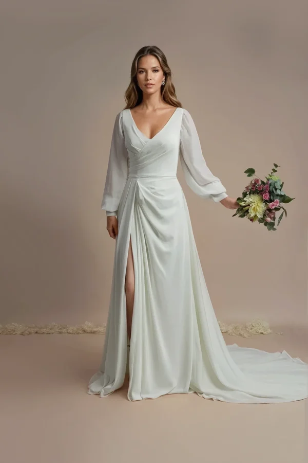 Valentina ivory crepe wedding dress with long chiffon bishop sleeves