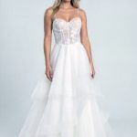 Ebony white tulle deb dress with floral lace corset bodice and cascading ruffle skirt