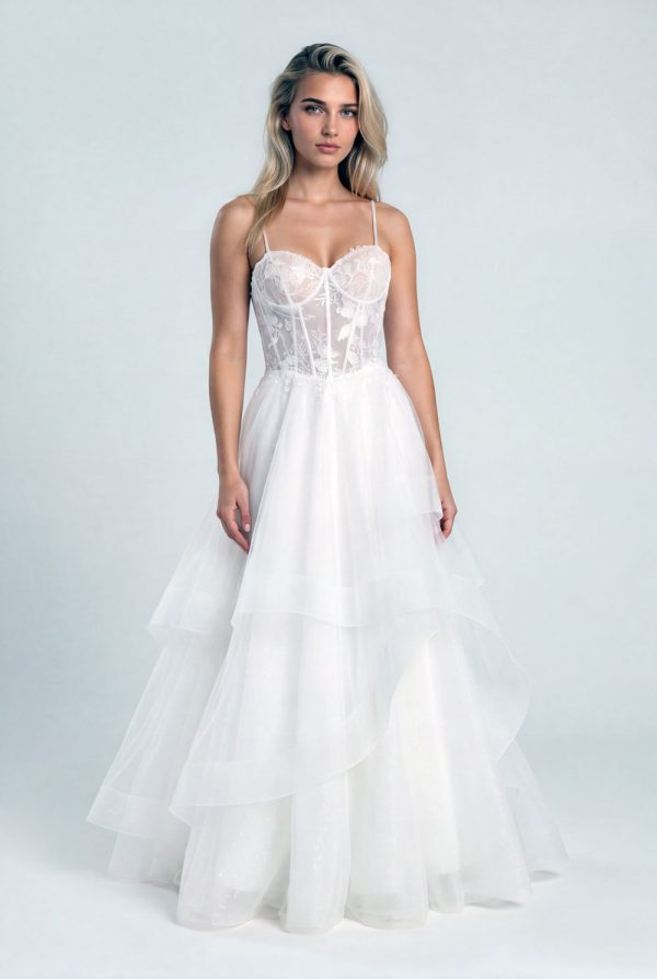 Ebony white tulle deb dress with floral lace corset bodice and cascading ruffle skirt