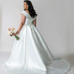 Off The Shoulder Romy Dress in satin with a long train
