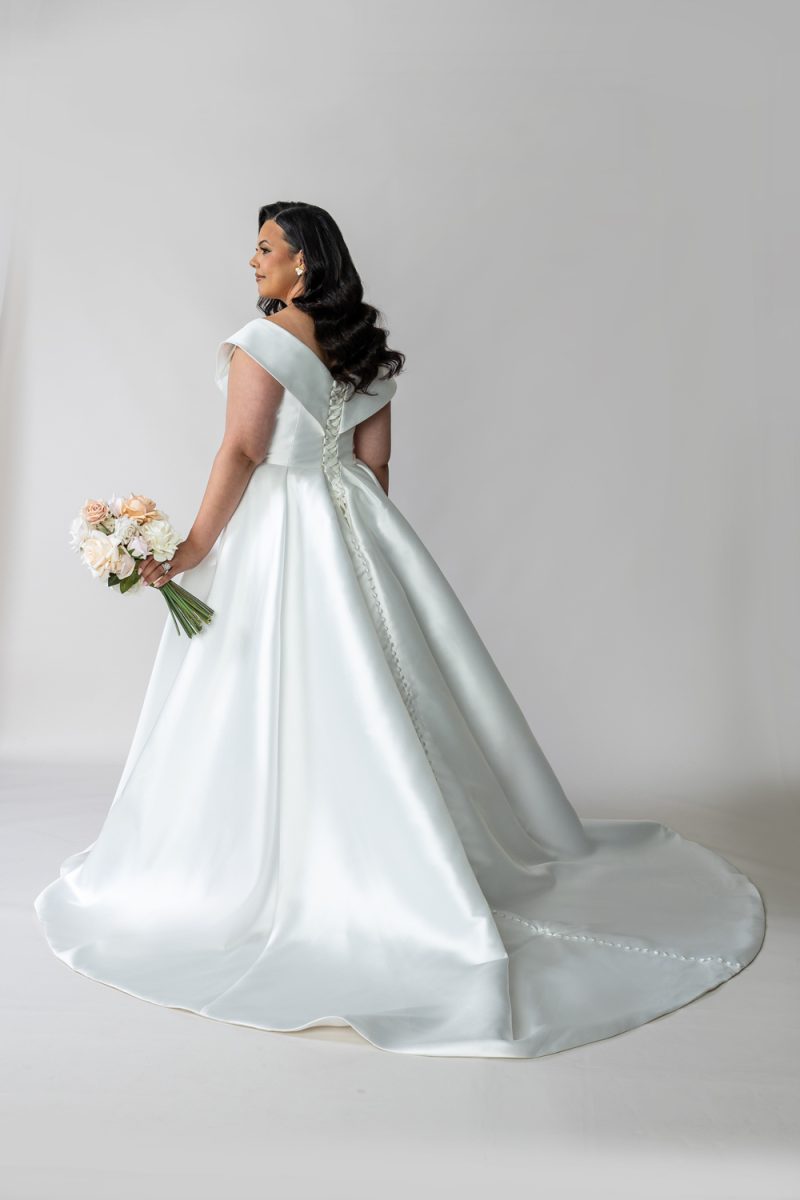 Off The Shoulder Romy Dress in satin with a long train