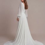 Back of Valentina crepe wedding dress with lace-up back and soft train
