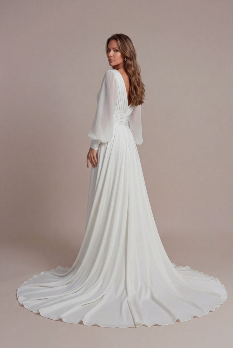 Back of Valentina crepe wedding dress with lace-up back and soft train